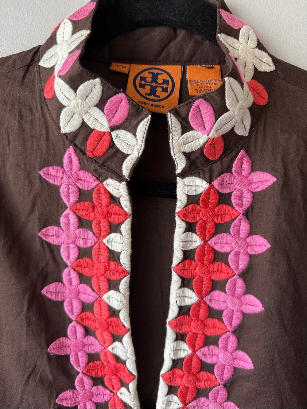 Tory Burch Brown tunic with Pink, Red & White Embroidered Floral Trim size m?